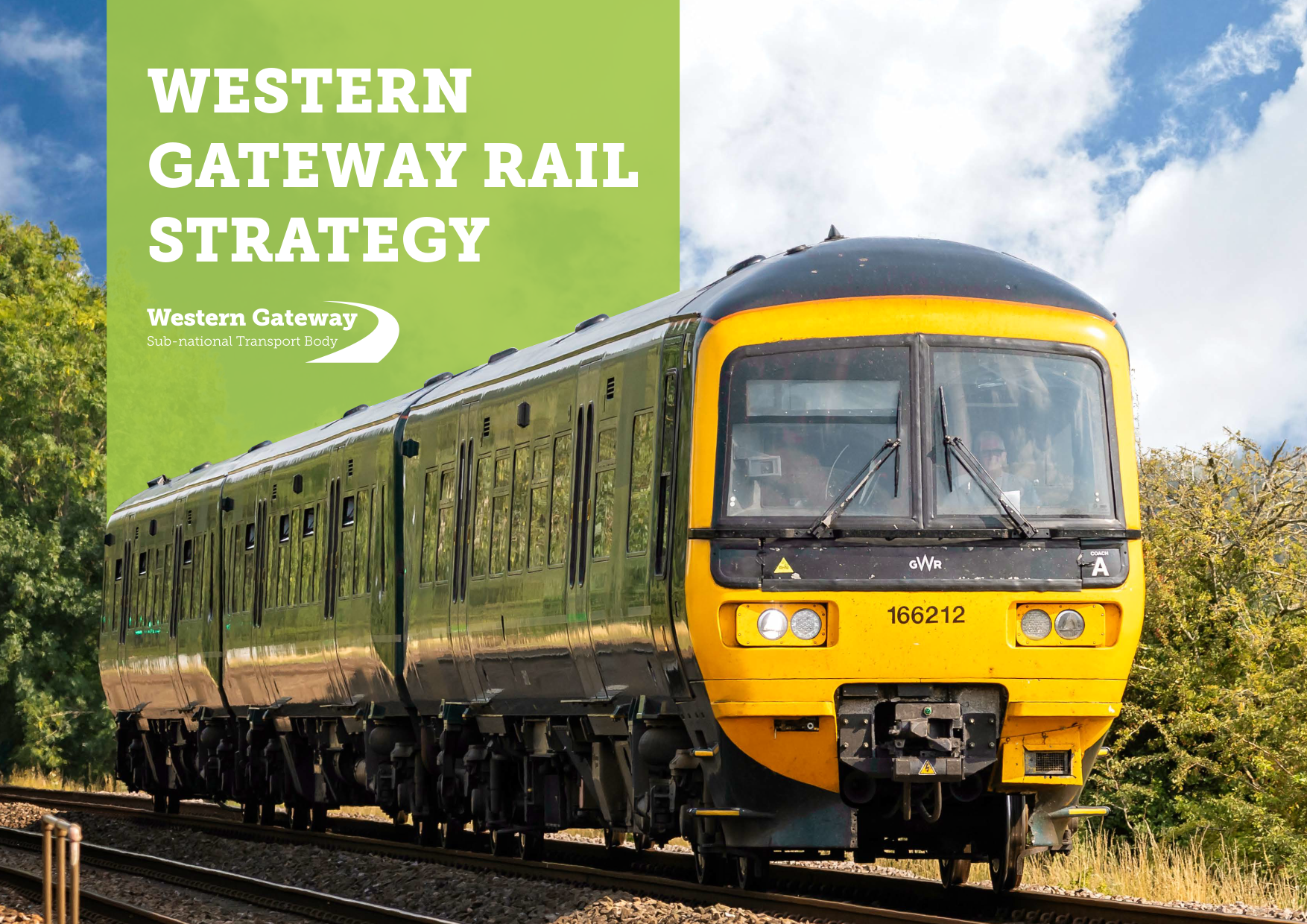 Front cover of the rail strategy brochure with a train