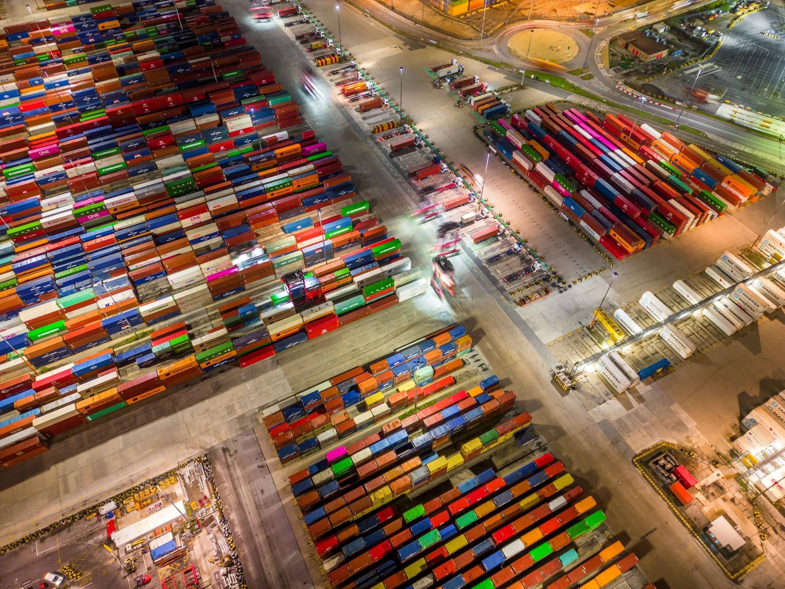 An aerial view of lorries